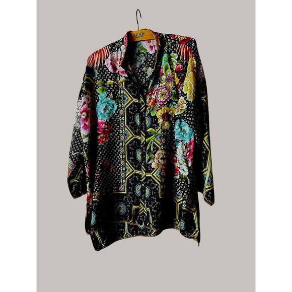 Johnny Was silk Fagan Josie Boho Silk Button Down Top Blouse Shirt,Multi Size M - Picture 3 of 13